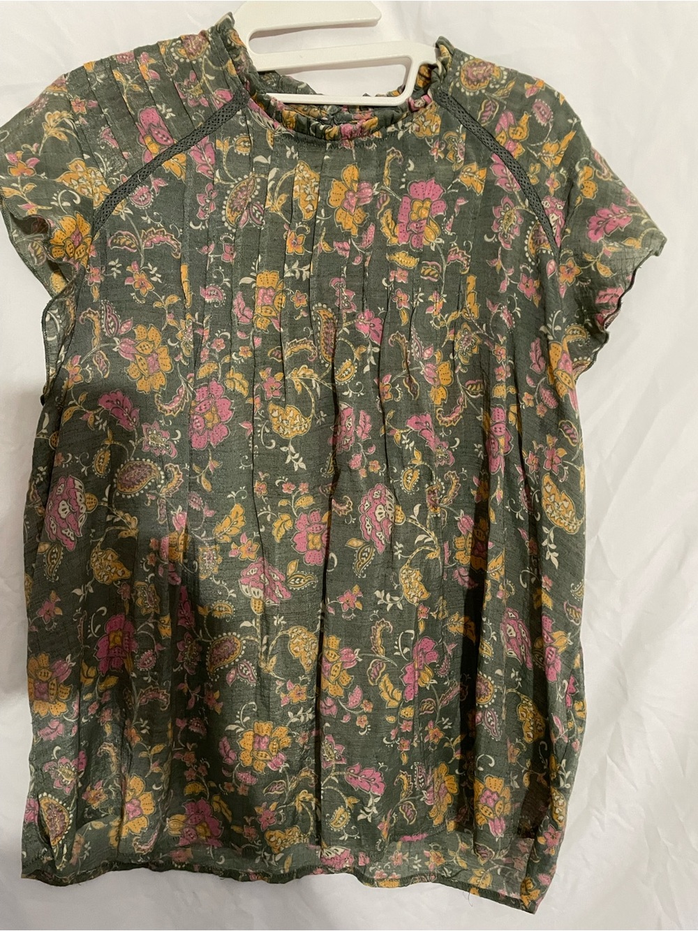 Nanette Lepore Olive Floral Pintuck Cap Sleeve Top with Pink & Mustard Accents